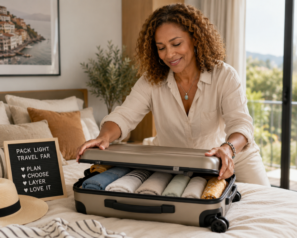 woman closing a neatly organized carry on suitcase representing how to pack light for travel