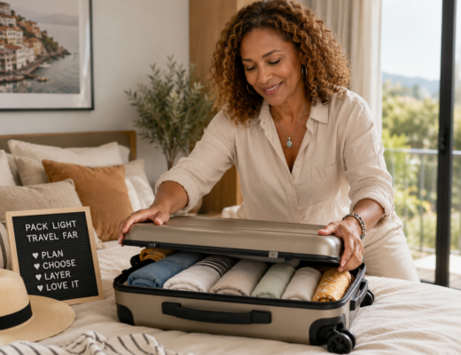 woman closing a neatly organized carry on suitcase representing how to pack light for travel